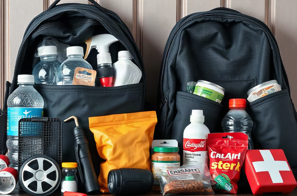 Open backpacks beside organized water, food, radio, flashlight, and first-aid supplies